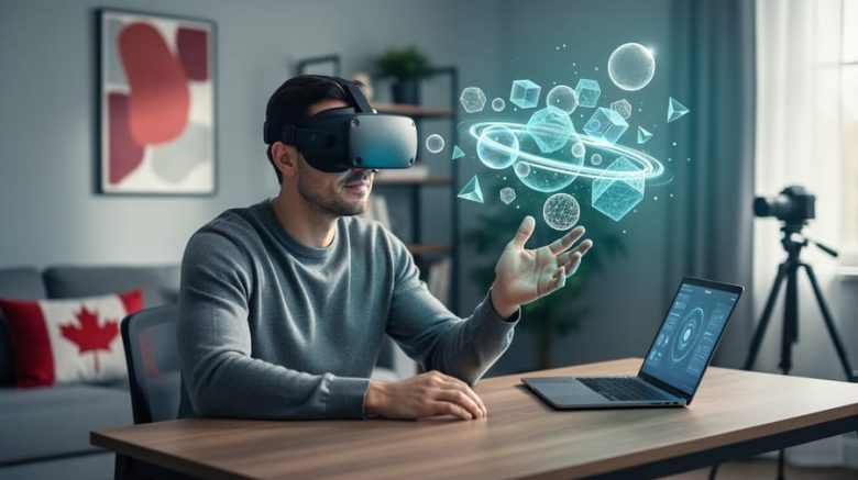 Freelance writer wearing a VR headset in a modern home office, with a holographic interactive environment projected in the air.