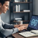 Canadian freelance writer working at a desk with a laptop displaying abstract, non-text AI governance visuals and a notebook nearby, suggesting responsible AI oversight for writing.