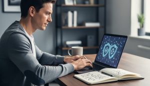 Canadian freelance writer working at a desk with a laptop displaying abstract, non-text AI governance visuals and a notebook nearby, suggesting responsible AI oversight for writing.