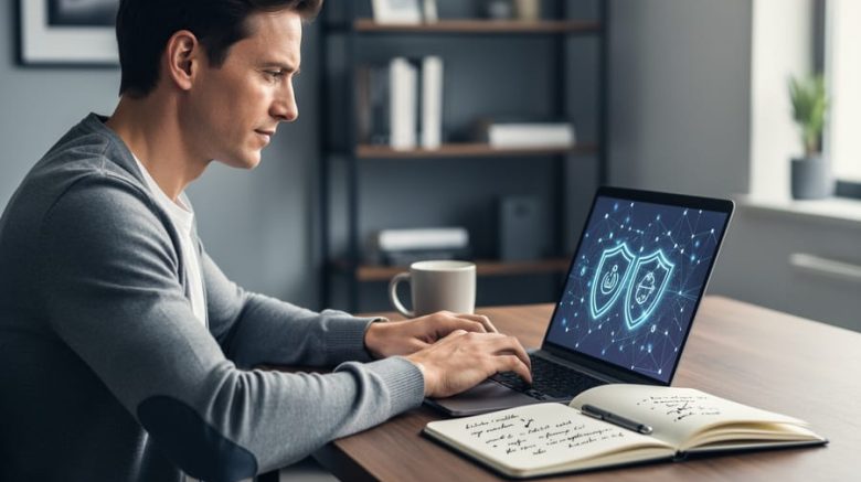 Canadian freelance writer working at a desk with a laptop displaying abstract, non-text AI governance visuals and a notebook nearby, suggesting responsible AI oversight for writing.