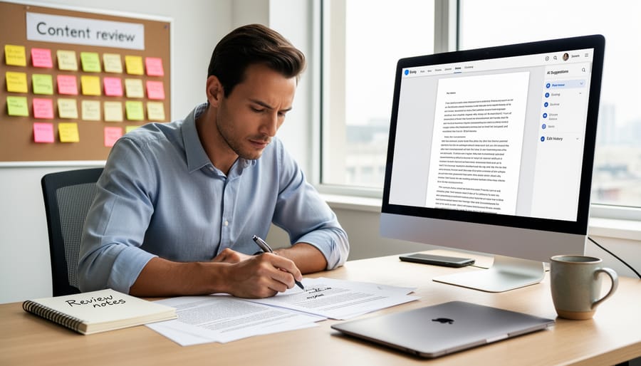 Person monitoring AI-assisted writing work at a laptop in a calm office setting