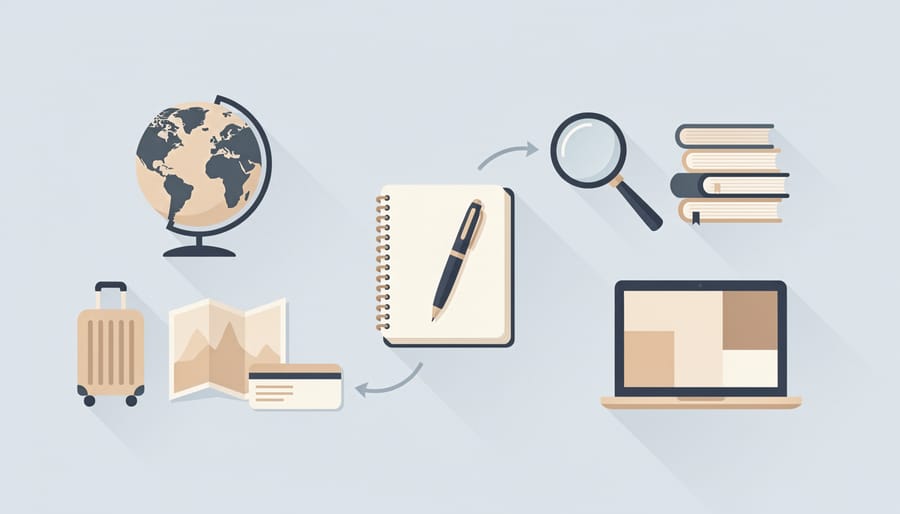 Open notebook with passport, small globe, and magnifying glass on a desk in warm sunlight