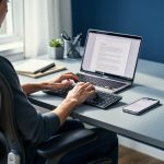 Home office desk setup with an ergonomic chair and laptop at eye level, showing a writer’s hands positioned to type comfortably.