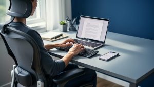 Home office desk setup with an ergonomic chair and laptop at eye level, showing a writer’s hands positioned to type comfortably.