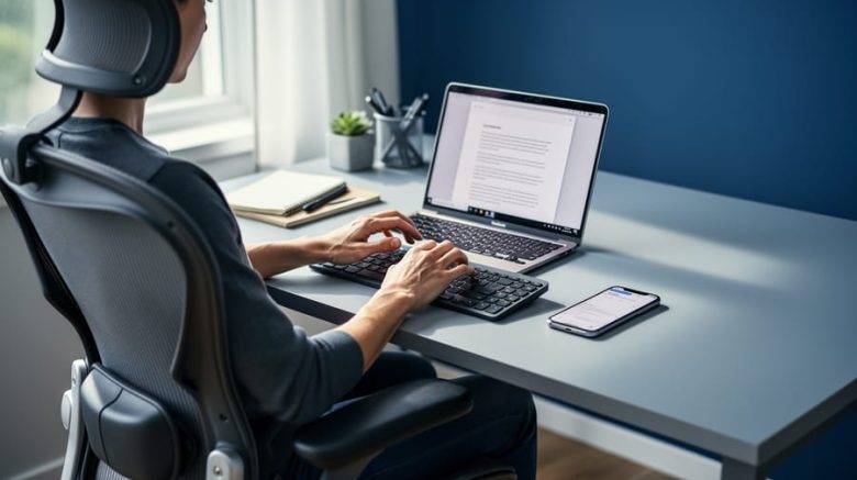 Home office desk setup with an ergonomic chair and laptop at eye level, showing a writer’s hands positioned to type comfortably.