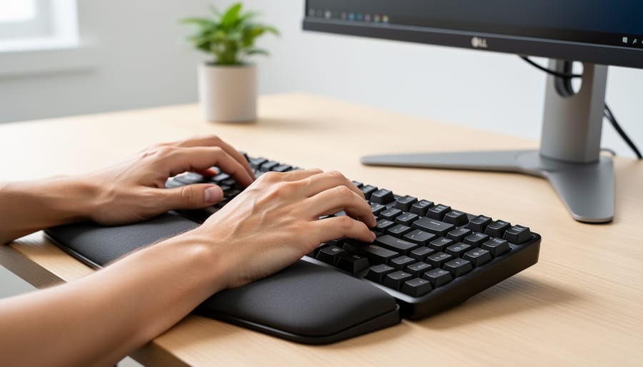 Freelance writer typing at an ergonomic keyboard on a home desk