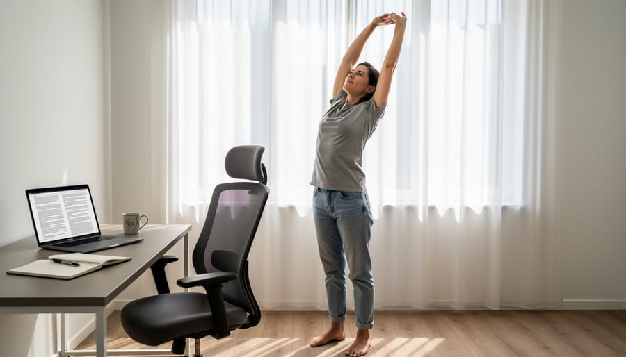 Freelancer standing and stretching beside a desk during a work break
