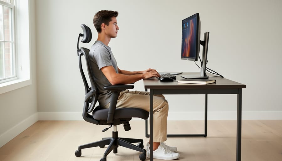 Person seated at a home office adjusting monitor and desk ergonomics for better posture