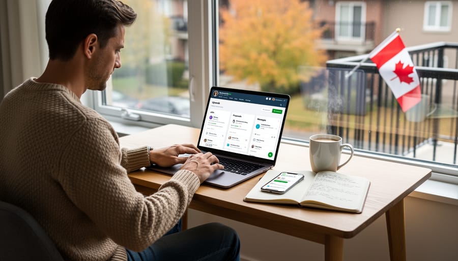 Canadian freelance writer working on a laptop and notebook at a desk in a home office