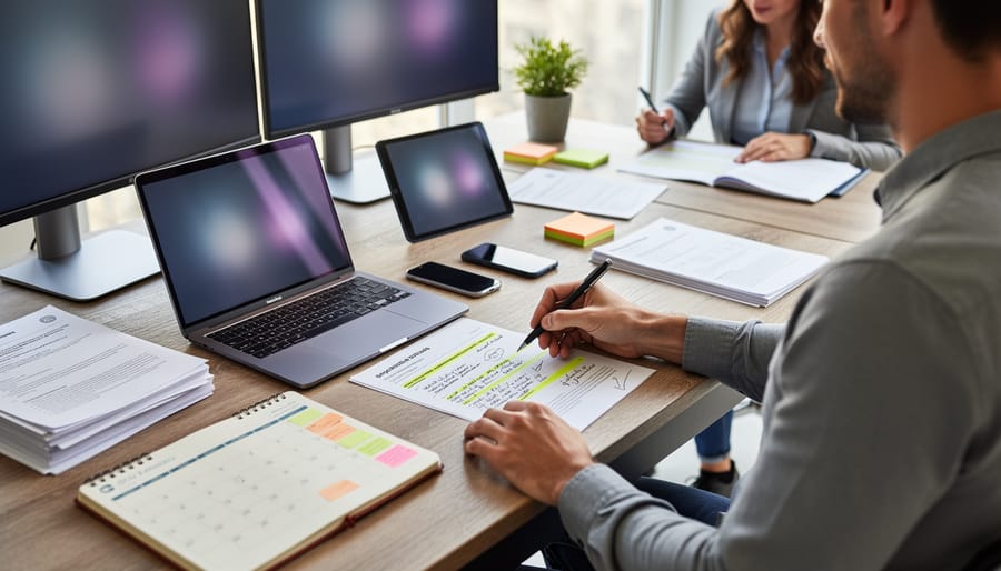 Freelancer’s hand writing notes beside a laptop and smartphone with blurred screens