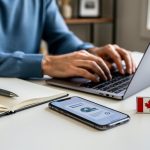 Canadian freelance writer working at a desk with a laptop and notebook, suggesting online client work and payments.