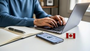 Canadian freelance writer working at a desk with a laptop and notebook, suggesting online client work and payments.