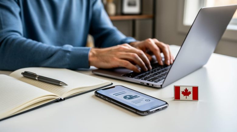 Canadian freelance writer working at a desk with a laptop and notebook, suggesting online client work and payments.